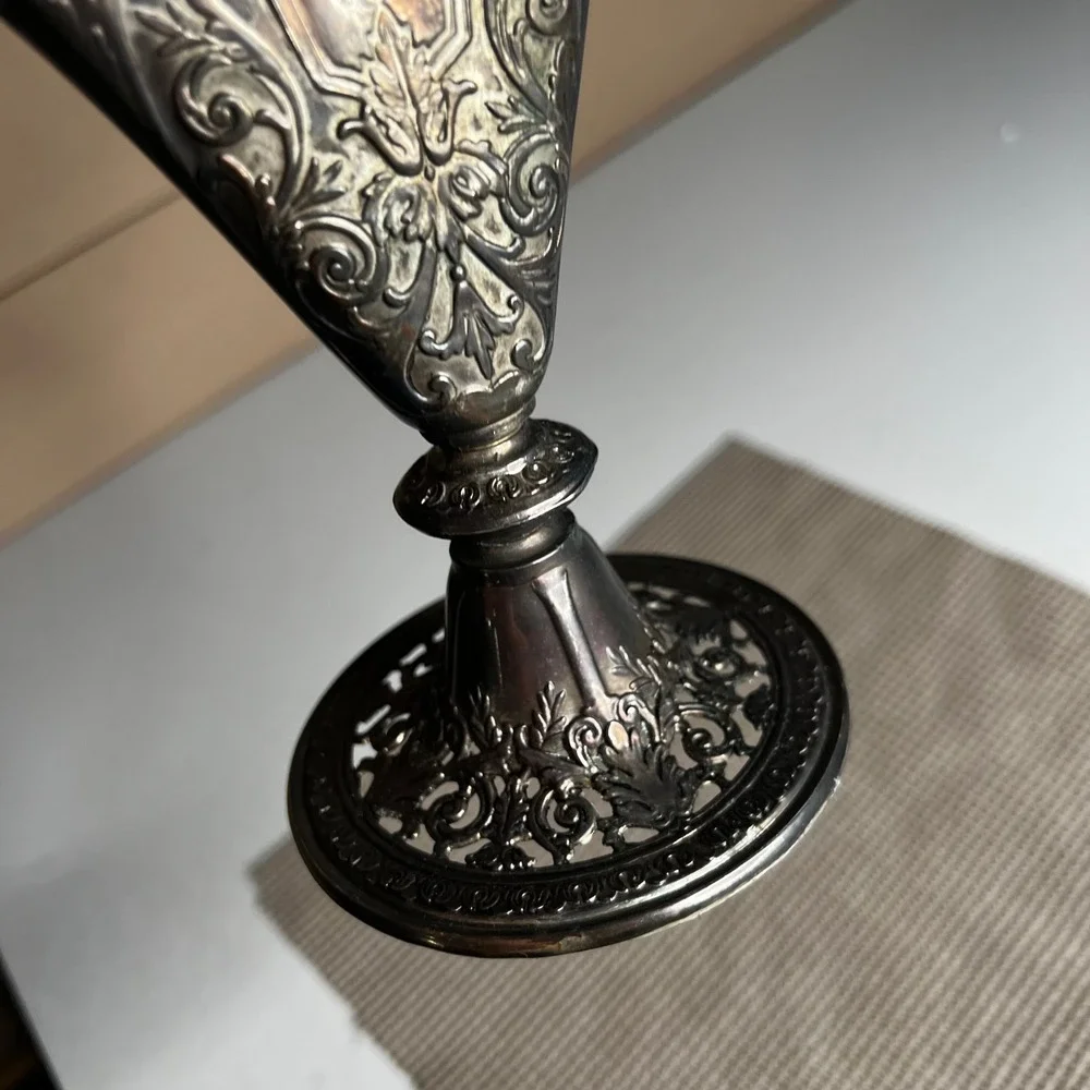 Vintage GSA 1991 Ornate Silver Tone Filigree Fan Shaped Pedestal Vase 9.5 Inch